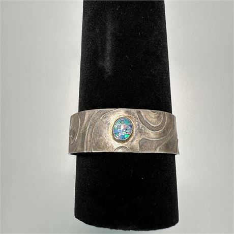 Silver Tone Open Bracelet w/ Mokume Gane Texturing & Abalone Inlay