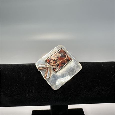 Silver Tone Square Metal Brooch w/ Rectangular Handmade Art Stone