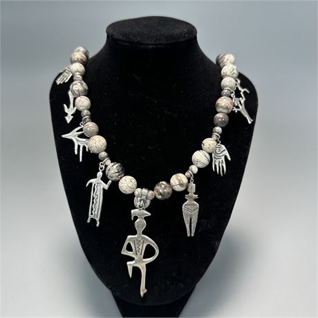 Silver Tone Tribal Statement Necklace w/ Stone Beads & Figurines