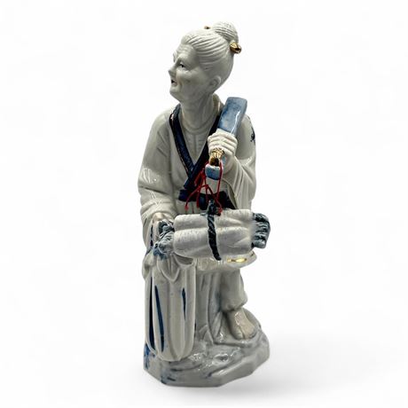 Blue White Porcelain Chinese Woman With Groceries