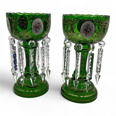 Pair Of German Green Glass Lusters With Crystal Prisms US Zone