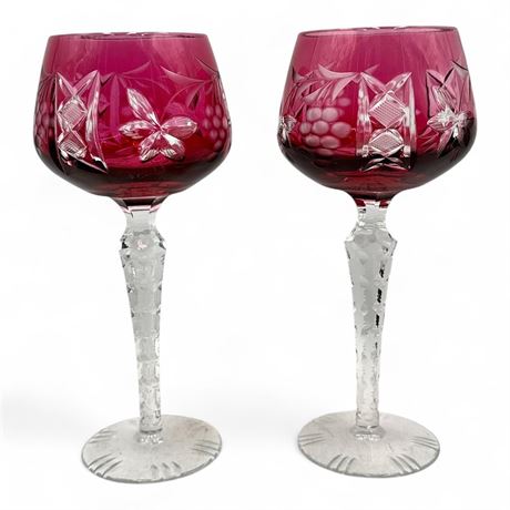 Pair Of Lausitzer Bleikristall  Crystal Cut-to-Clear Hock Wine Glasses