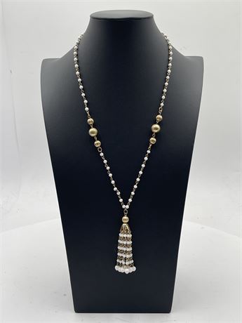 Vintage Gold-Tone And White Bead Tassel Lariat-Style Necklace