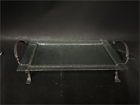 Danya B Rectangular Textured Glass Serving Platter w/ Iron Stand