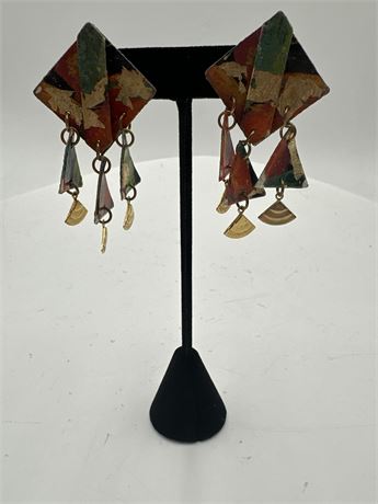 Pair Of Vintage 1980s Geometric Mixed-Media Dangle Post Earrings