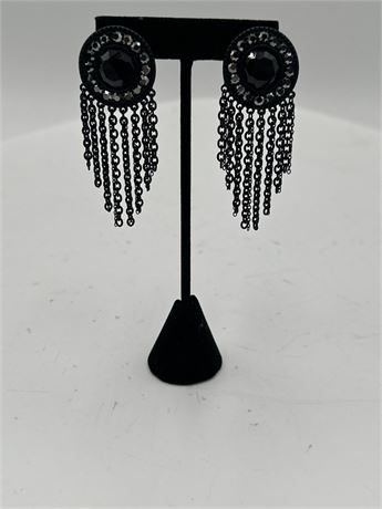 Pair Of Heidi Klum Black Rhinestone And Chain Fringe Statement Earrings