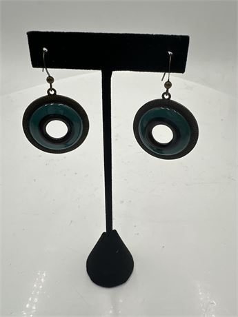 Pair Of Round Drop Bronze-Tone & Blue Enamel Earrings