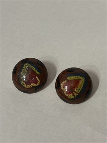 Pair Of Vintage Hand-Painted Stud Wood Earrings