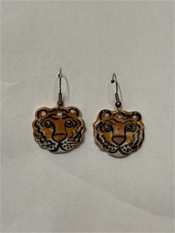 Pair Of Hand-Painted Ceramic Tiger-Face Dangle Earrings