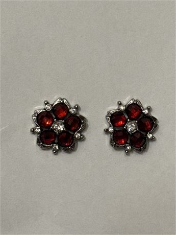 Pair Of Floral Shaped Red Crystal Stud Earrings