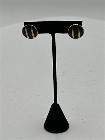 Pair Of Vintage Button Black enamel And Gold-Tone Earrings