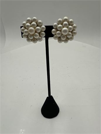 Pair Of Vintage Faux Pearl Cluster Clip-On Earrings