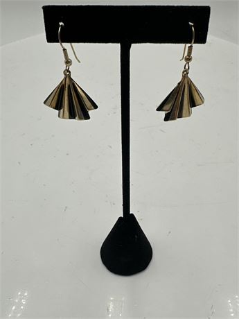 Pair Of Vintage Silver-Tone Folded Metal Fan-Shaped Dangle Earrings