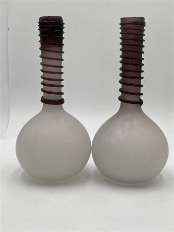 Pair Of Hand Blown Art Glass Vases With Serpentine Coil