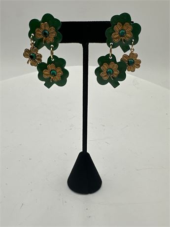 Pair Of Vintage Four-Leaf Clover Gold-Tone Dangle Post Earrings