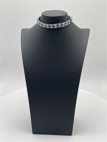 Silver-Tone Choker Necklace With Faux Turquoise & Rhinestones