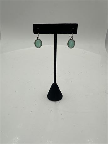 Pair Of Silver-Tone Oval Cabochon Stone Dangle Earrings