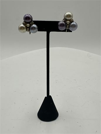 Pair Of Faux Pearl And Rhinestone Cluster Earrings