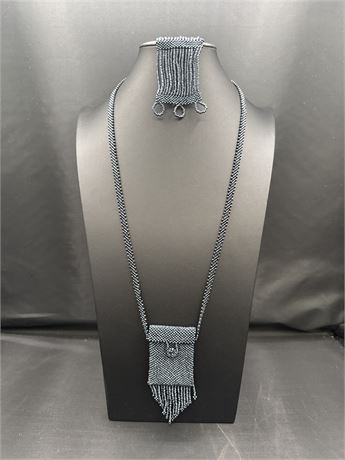 Silver Hand-Beaded Necklace And Bracelet Set