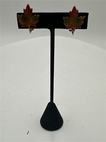 Pair Of Vintage Leather Maple Leaf Clip-On Earrings