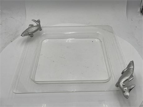 A Vintage Arthur Court Acrylic Square Serving Tray With Fish Handles