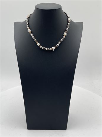 Metal Bead Necklace With White Bone Or Coral