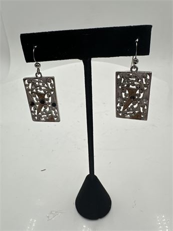 Pair Of Rectangular Patterned Cut-Out Silver Dangle Earrings