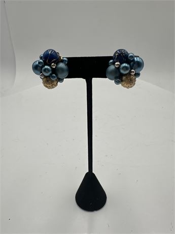 Vintage Blue Beaded Cluster Clip-On Earrings
