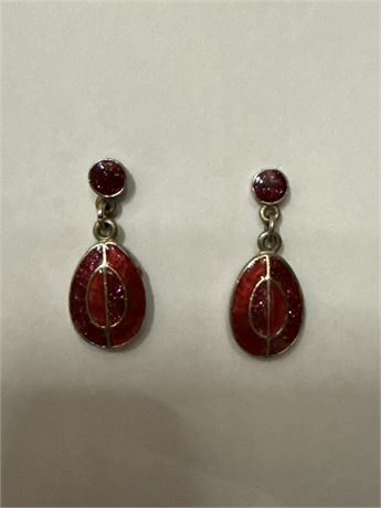 Pair Of Silver-Tone Drop Earrings With Red Enamel