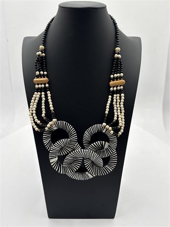 Handcrafted Statement Necklace With Black & White Geometric Design