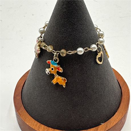 Gold-Tone Faux Pearl Charm Bracelet with Enamel Animal and Heart Charms