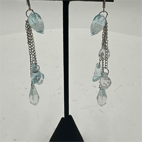 Pale Blue Faceted Crystal Bead Dangle Drop Earrings with Silver-Tone Chain