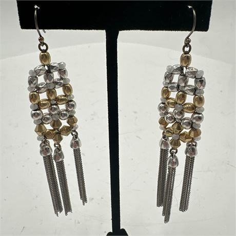 Mixed-Metal Woven Bead & Chain Tassel Dangle Earrings - French Hook