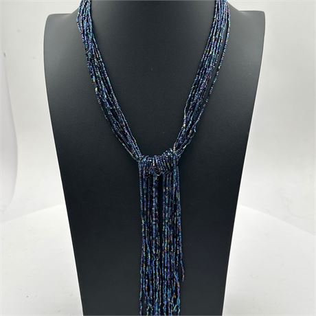 Multi-Strand Iris Glass Bugle Bead Tassel Lariat Necklace