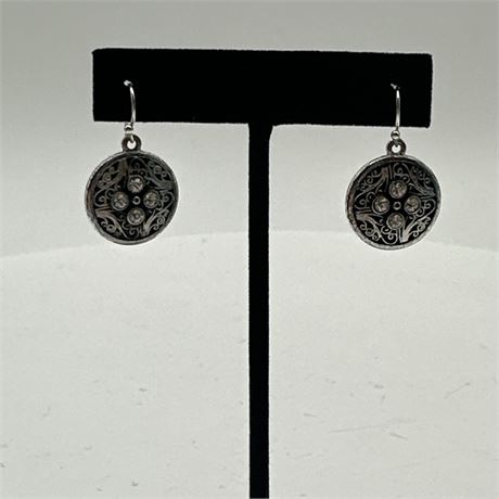 Avon Antiqued Silver-Tone Filigree Scroll Drop Earrings with Clear Rhinestones