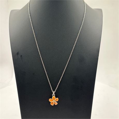Silver-Tone Plumeria Pendant Necklace with Orange Cold Enamel Inlay