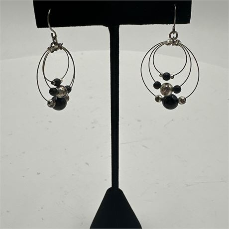Triple Hoop Dangle Earrings with Black Onyx and Silver-Tone Beads