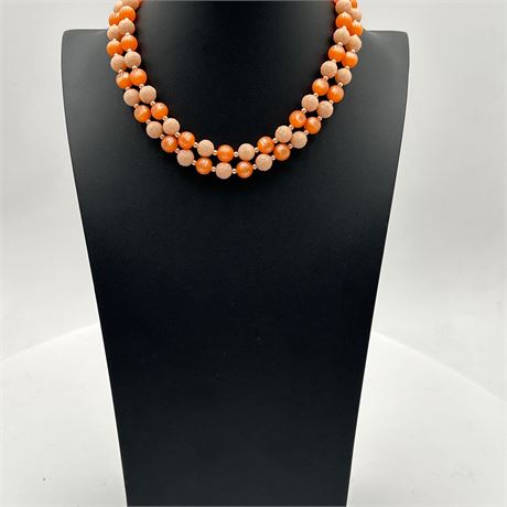 Double-Strand Carnelian and Lava Stone Bead Necklace with Gold-Tone Spacers
