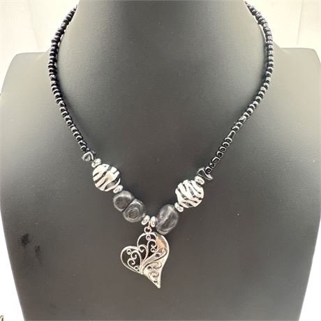 Silver-Tone Filigree Heart Pendant Necklace with Zebra Print and Black Seed