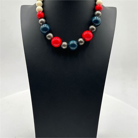 Vintage Multicolor Beaded Choker Necklace with Silver-Tone Metal Beads