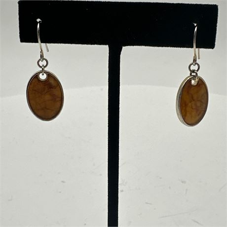 Pair of Cognac Amber-Tone Oval Drop Earrings in Silver-Tone Bezel Settings
