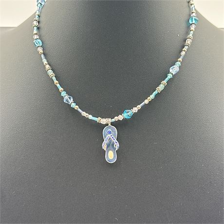 Avon Aqua Rhinestone Flip Flop Pendant Beaded Necklace