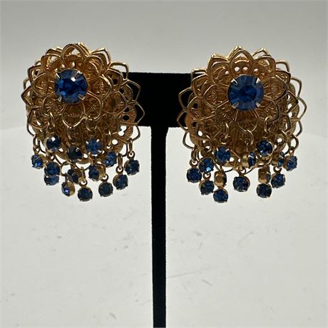 Vintage Gold-Tone Filigree Clip-On Earrings with Sapphire Blue Glass Chatons