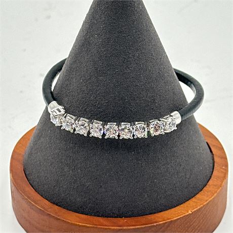 Black Leather Cord Bangle Bracelet with Prong-Set Clear Stones in Silver-Tone