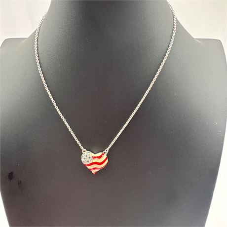Patriotic American Flag Heart Pendant Necklace with Faux-Pavé Rhinestones
