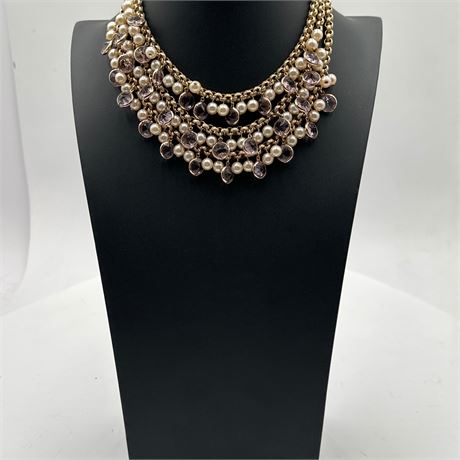 Multi-Strand Gold-Tone Bib Necklace with Faux Pearls and Pink Crystal Bezels