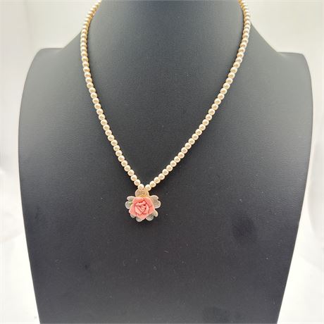 1928 Jewelry Company Faux Pearl Necklace with Porcelain Rose Pendant