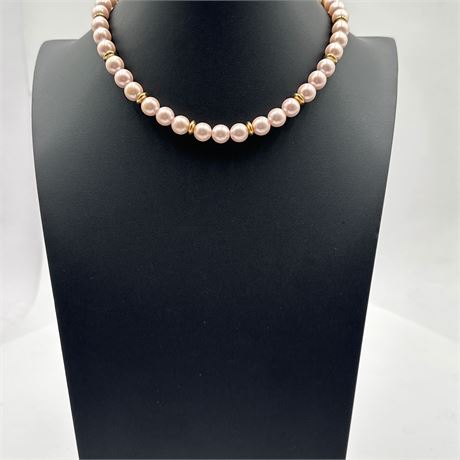 Pink Pearl Strand Necklace with Gold-Tone Rondelle Spacers