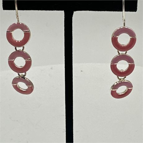 Unsigned Articulated Triple-Circle Drop Earrings with Pink Cold Enamel