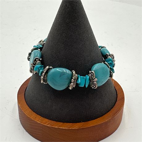 Turquoise-Colored Stone Nugget & Chip Bead Stretch Bracelet with Antiqued
